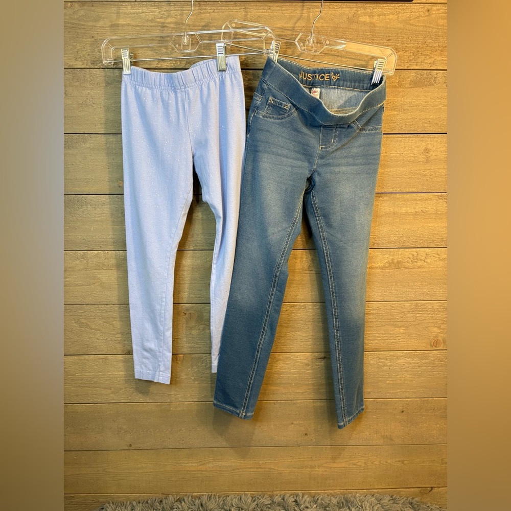 Justice Girls Jeans & Glitter Leggings Bundle Size 8 Denim Skinny Light Blue